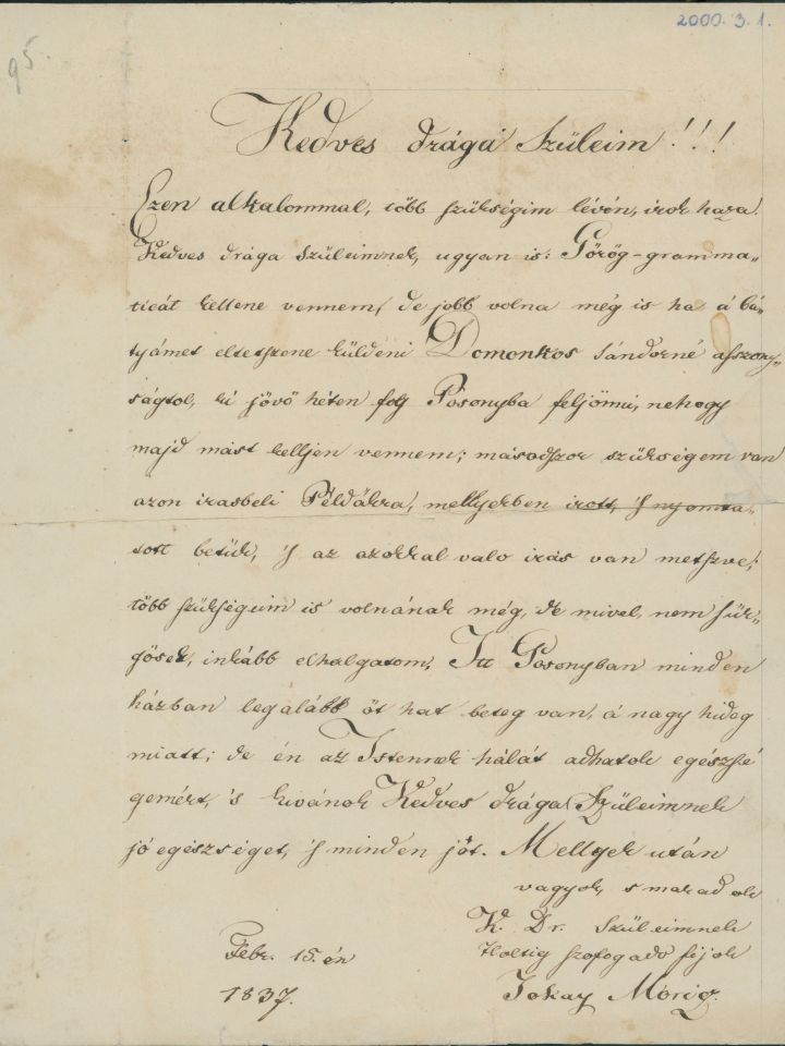 Jókai Mór levele a szüleihez. Pozsony, 1837. február 15.