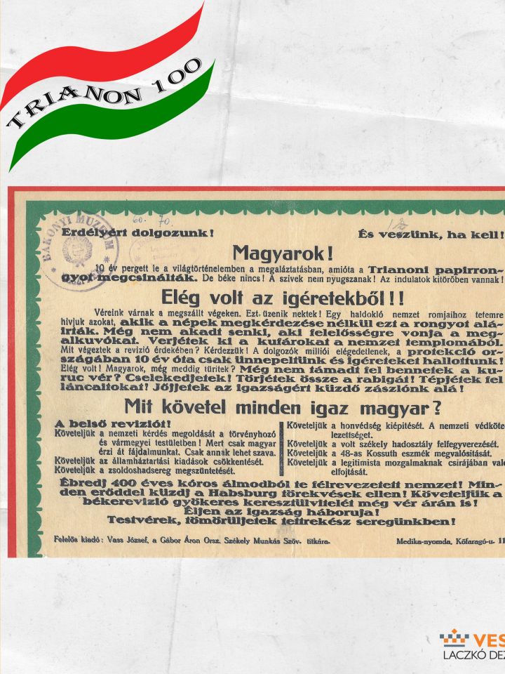 Röpcédula, 1930 Erdélyért dolgozunk! És veszünk, ha kell! Magyarok! – kezdő sorokkal. Felelős kiadó: Vass József, a Gábor Áron Orsz. Székely Munkás Szöv. titkára.  Medika-nyomda. Kőfaragó-u. 11. Papír, nemzeti színű kerettel, 23.5x15.4 cm, fekvő. Legújabb