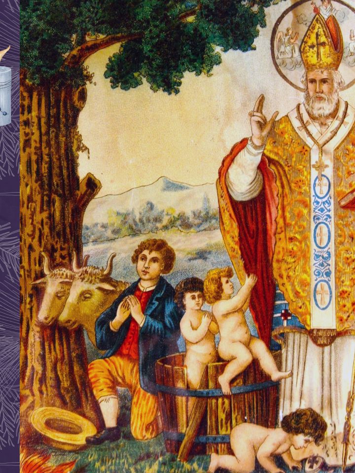 A képrészlet arra a legendára utal, amikor a szent feltámasztotta az elhunyt diákokat. A három vándordiák Myra városába ment, hogy kérjék Miklós püspök áldását...(A legendáról a cikkben bővebben olvashatunk.)