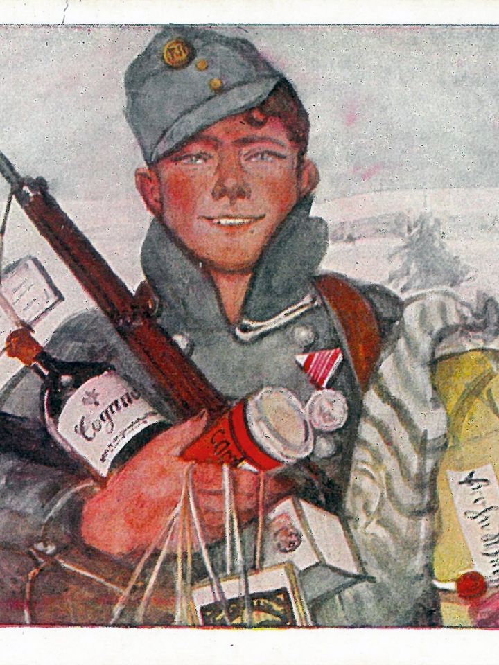 Tábori levelezőlap: baka ajándékokkal megrakodva, 1915