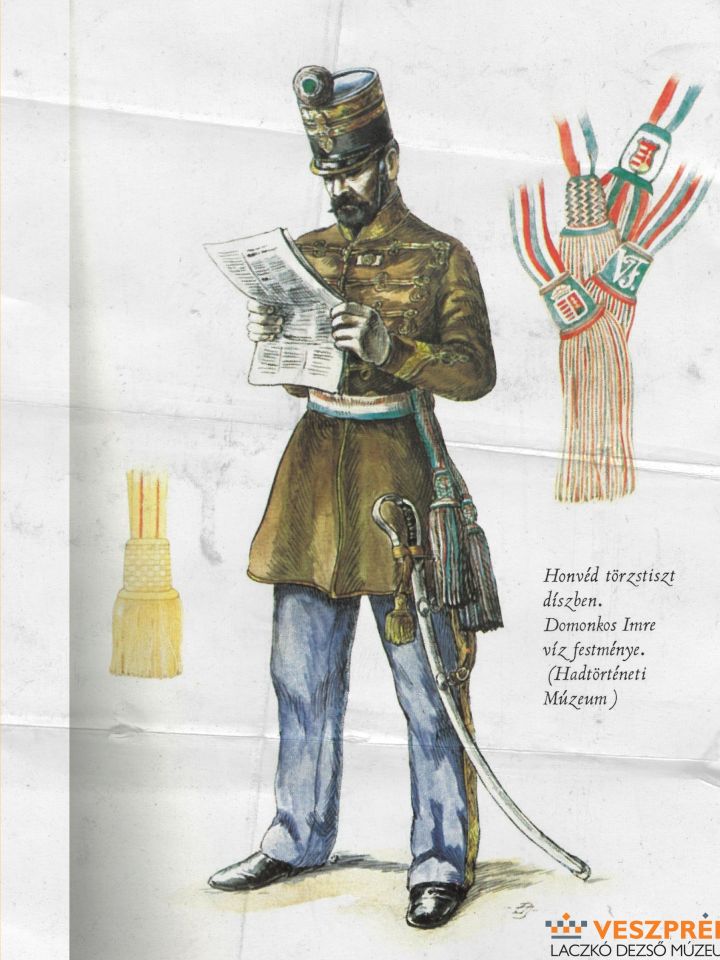 Honvéd gyalogos törzstiszt, derekán szolgálati övvel. Mellette különböző kivitelű szolgálati övek. (Domonkos Imre vízfestménye,1950)