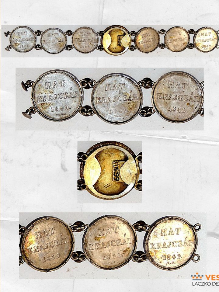1.)	Ezüst 6 krajcárosokból összeállított karkötő Kossuth Lajos miniatűr képével (Laczkó Dezső Múzeum – Iparművészeti Gyűjtemény ltsz. 68.308.1.)