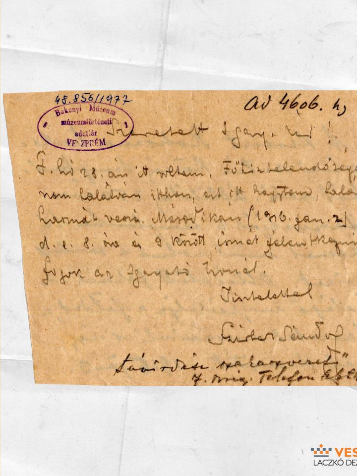 Szirbek Sándor kísérő cédulájának első oldala (Laczkó Dezső Múzeum – Múzeumtörténeti Adattár ltsz. 48.856/1977.)