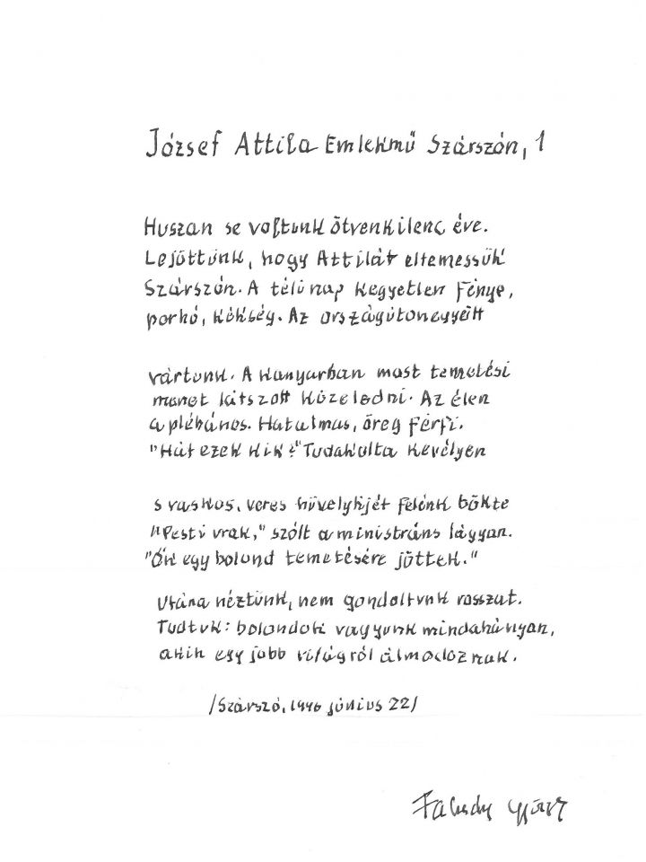 Faludy György: József Attila emlékmű Szárszón 2. c. versének kézirata. Irodalmi Gyűjtemény ltsz: 2000.61.1