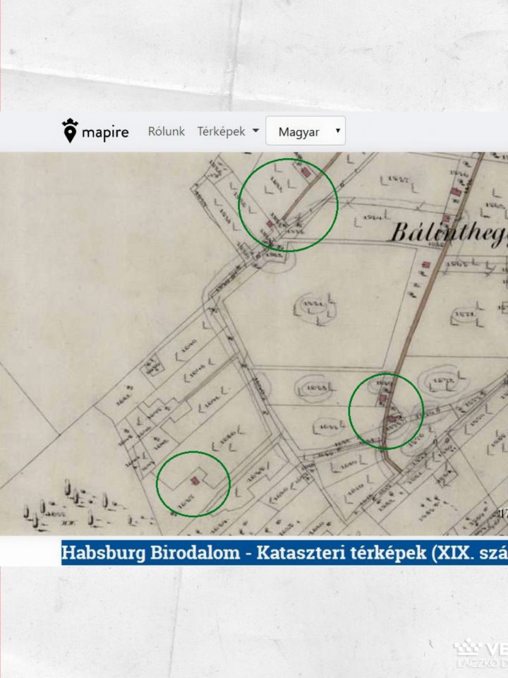 Az interneten is szabadon elérhető, a 19. század közepének állapotát bemutató kataszteri felmérés térképlapjai remek forrásul szolgálnak a szőlőhegyi tájhasználat egykori állapotára vonatkozólag. Zöld körben a filoxéra következtében elhagyottá vált épület
