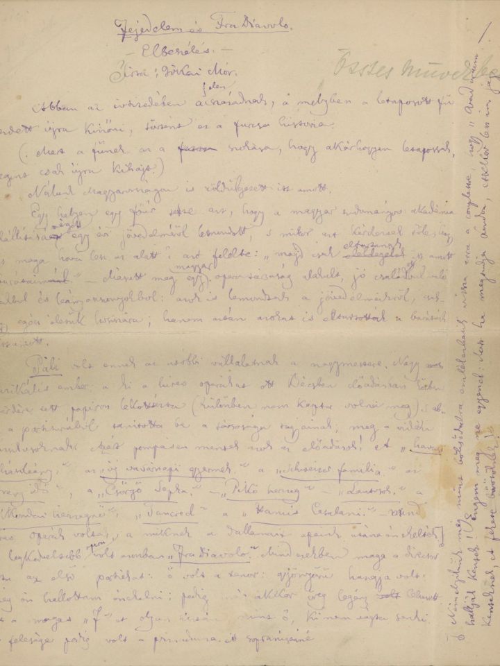 Jókai Mór a „Fejedelem és Fra Diavolo” c kézirata. 1883. 