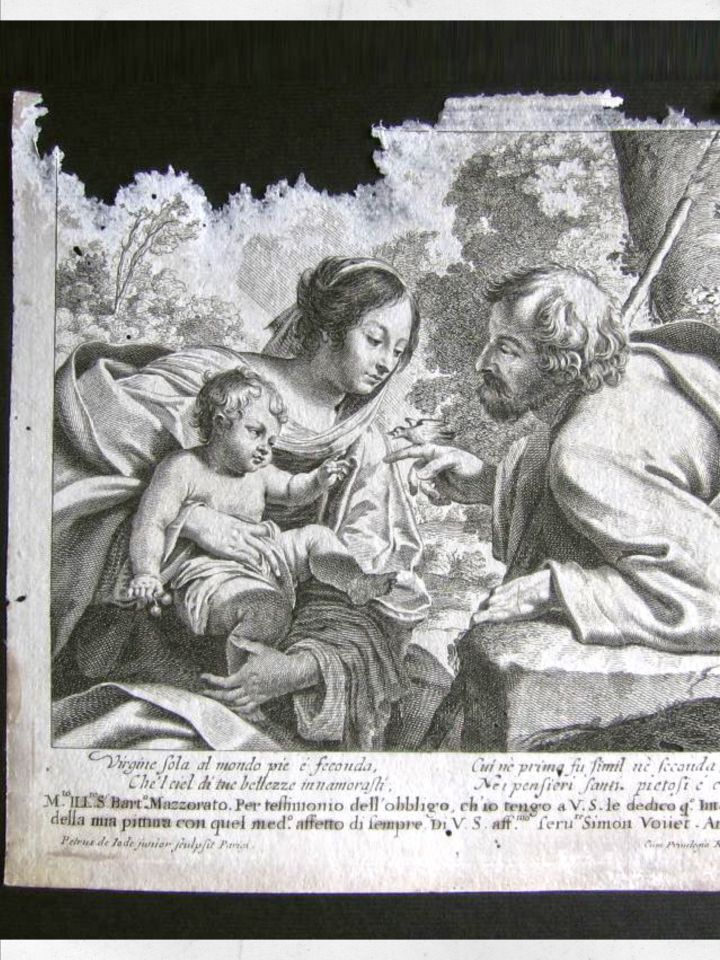 KGY.60.1.1. Szent Család tengelicével, 1632. Ifj. Petrus de Jode Simon Vouet után, rézmetszet, papír