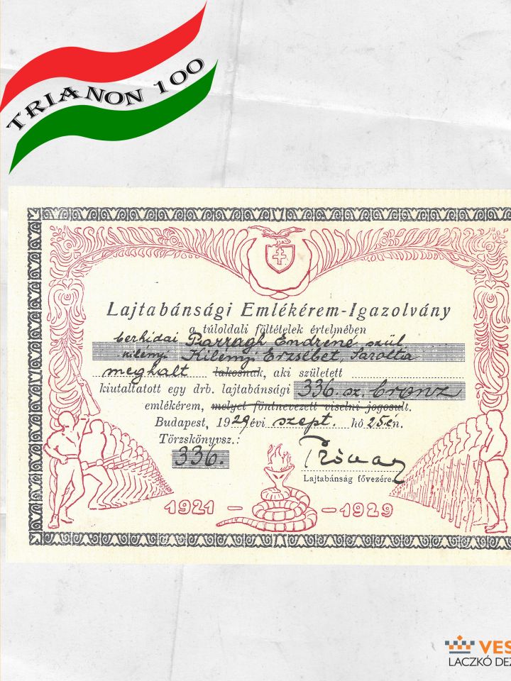 Lajtabánsági Emlékérem-Igazolvány, 336. szám. berhidai Parragh Endréné szül. kilényi Kilényi Erzsébet Sarolta (†) részére,  Budapest, 1929. szeptember 25. Kartonpapír, fehér alapon szürke és borvörös színű, 17x12cm, fekvő Múzeumtörténeti adattár 48.887./1