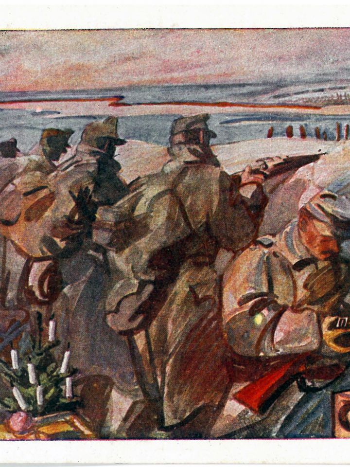 Tábori levelezőlap: karácsonyfa a lövészárokban, 1915