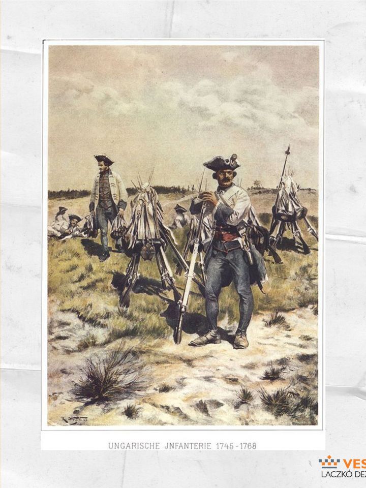 Magyar gyalogosok 1745–1768 között. Fa csutora látható az őrt álló katona oldalán, a fegyvergúlára akasztva és (több darab is) a társai összegyűjtött csutoráival vízért induló baka kezében