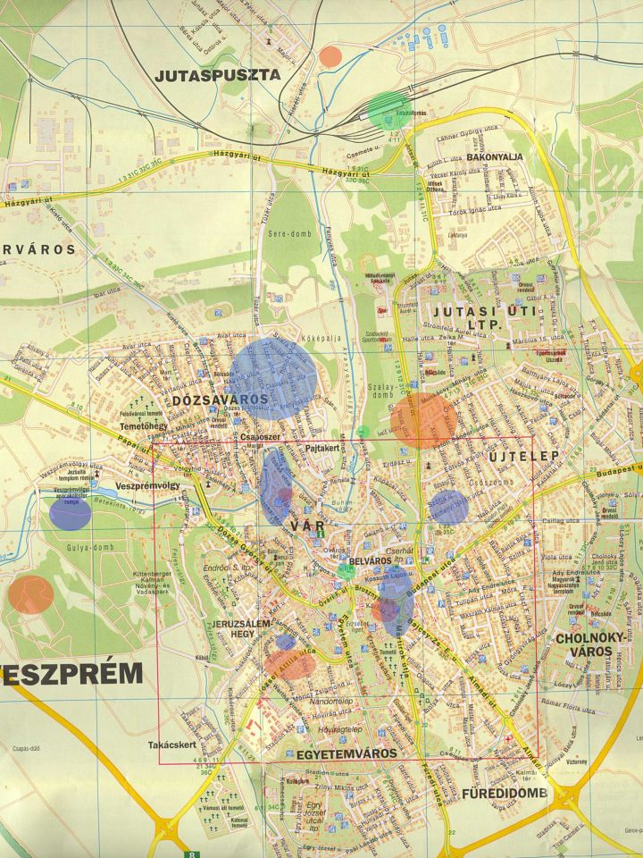 Veszprém őskori lelőhelyei (a színek különböző korszakokat jelölnek)