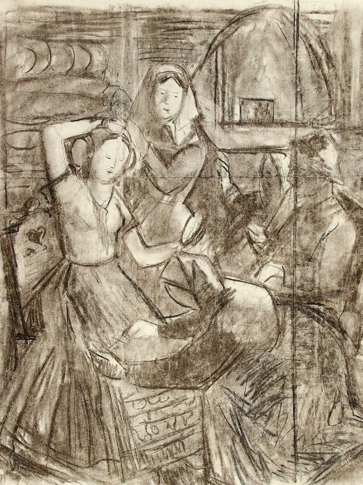 Ős-Nagy István: Menyasszony, vázlat, szén, papír, 60cmX52cm