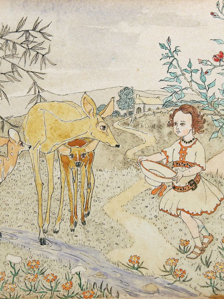Kislány őzekkel, 1910. toll és akvarell, papír (Ltsz: 60.298.1.)