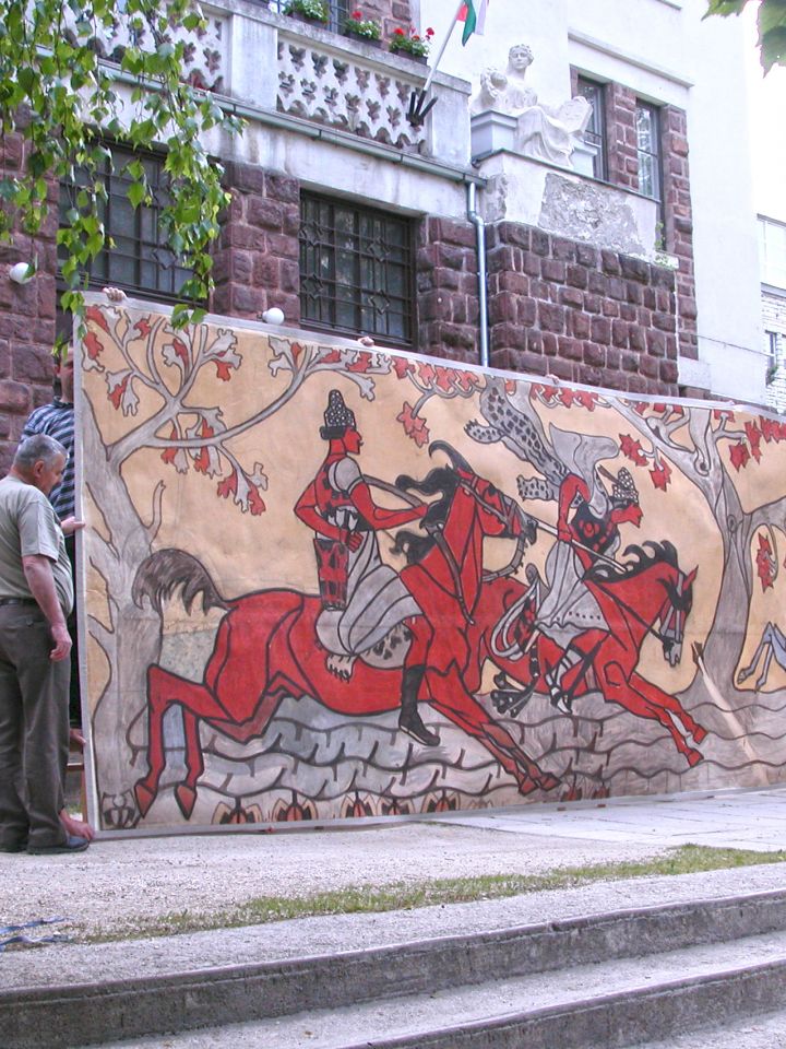 A csodaszarvas üldözése c., a Petőfi Sándor Színház homlokzatán lévő sgraffito terve...