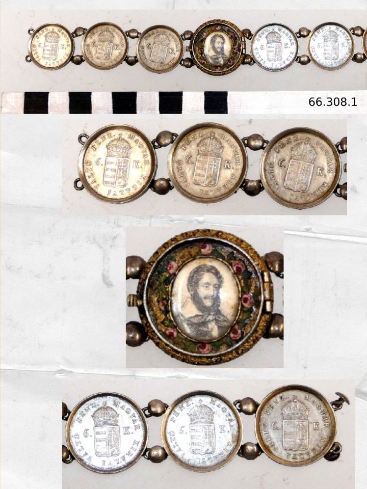 Hat darab 1849-es nagybányai veretű magyar ezüst hatkrajcárosból, és egy kerek medalionból készült karperec, benne rózsakoszorúban Kossuth Lajos arcképével. (Az arckép: Franz Eybl litographiája). A műtárgy 1848-1849 környékén készült. (ltsz.: 66.308.1; Ip