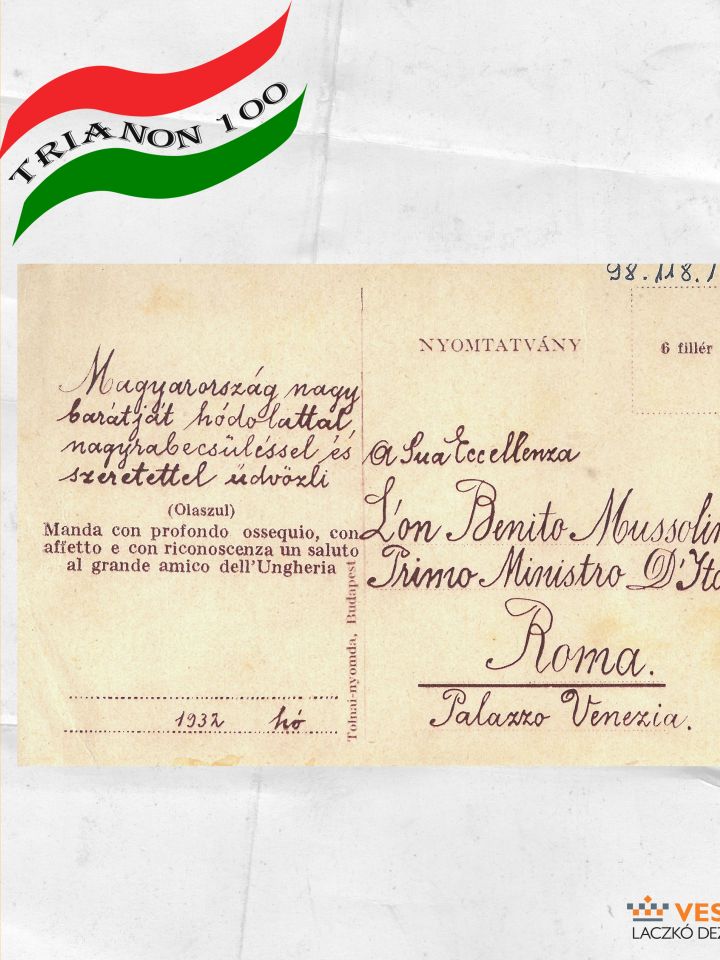 Irredenta levelezőlap, 1932. Tolnai Világlapja kiadása. Tolnai-nyomda, Budapest. Benito Mussolini lovon és a lezuhant és összetörött „Justice for Hungary” helyett Olaszország által Magyarországnak ajándékozott repülőgép, magyarázó felirattal. Kartonpapír,