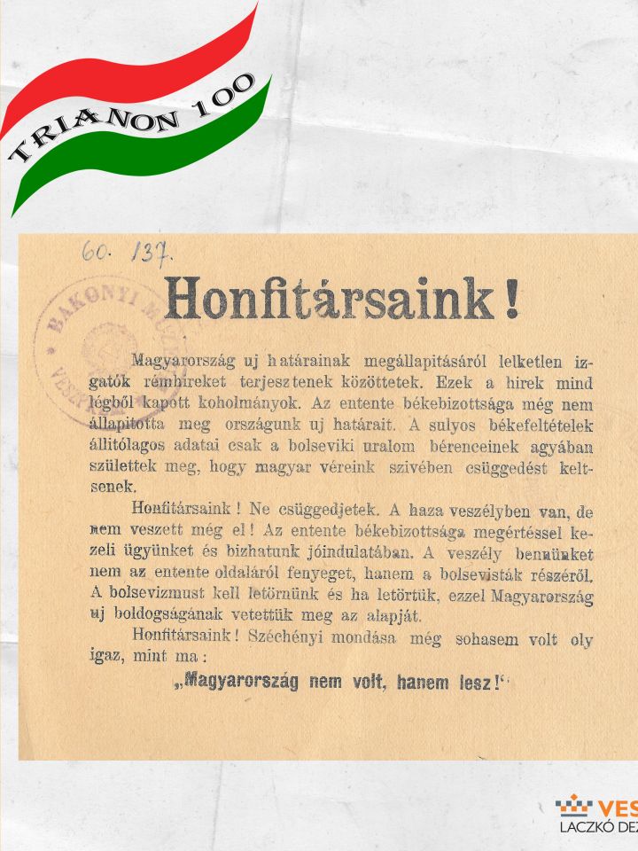 Röpcédula Honfitársaink! – kezdő sorral. „Magyarország nem volt, hanem lesz!” – zárással. Papír, 15.3x11.5 cm, fekvő. Legújabbkori gyűjtemény 60.137.