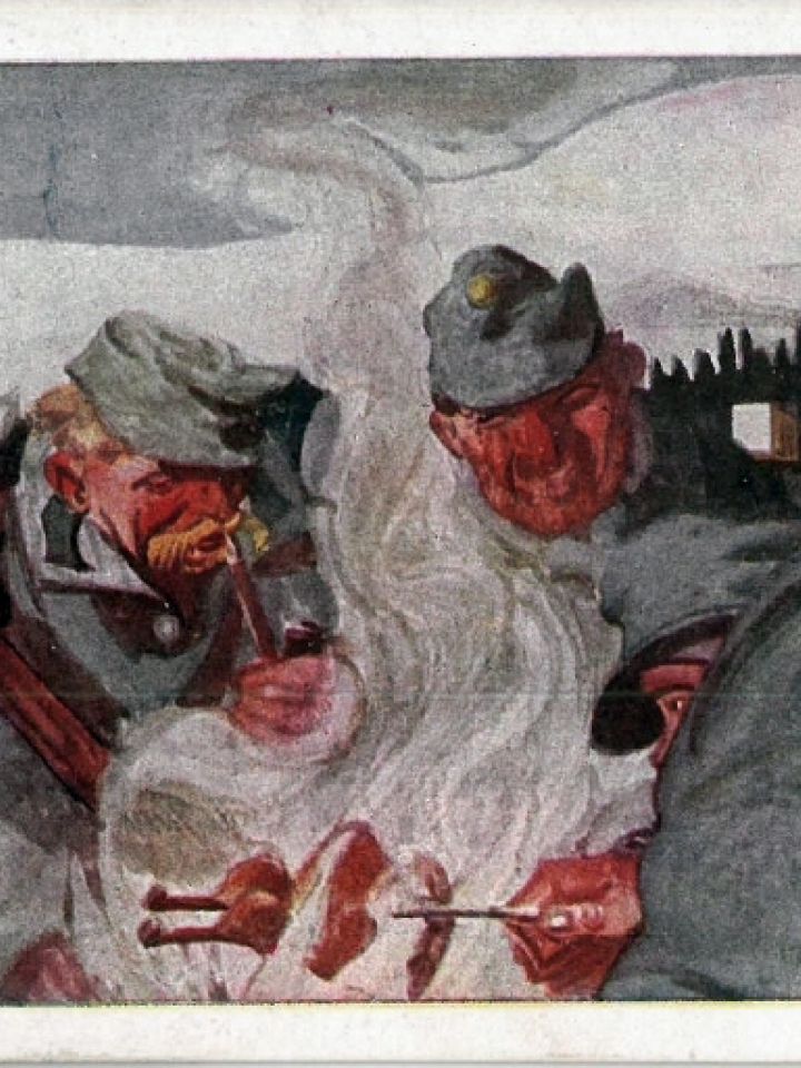 Tábori levelezőlap: tábortűz mellett katonák, 1915