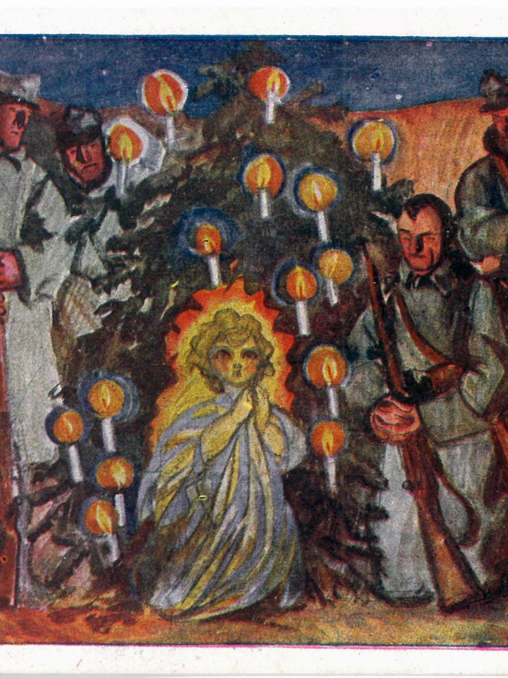 Tábori levelezőlap: katonák karácsonyfa körül, 1915