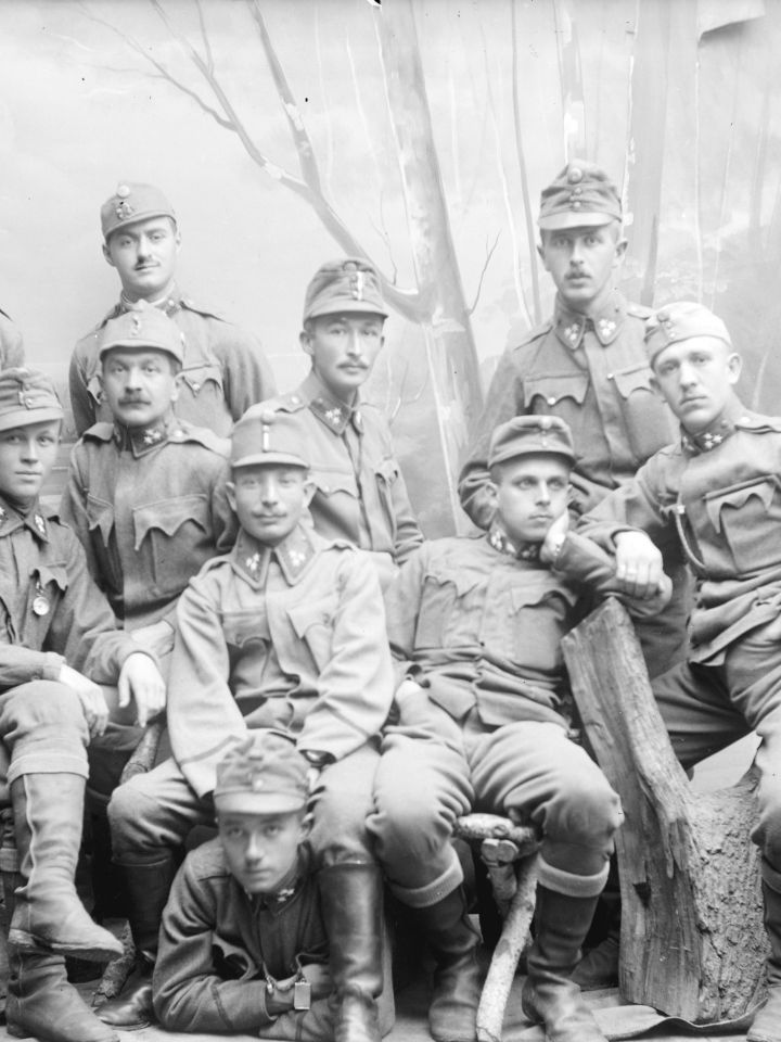 A m. kir. 31. (veszprémi) honvéd gyalogezred önkéntes hadapródjelölt őrmesterei tábori egyenruhában, 1915 körül. (LDM-–Történeti Fénykép-gyűjtemény, Péti Szilveszter üveg negatívjai P. 783.)  