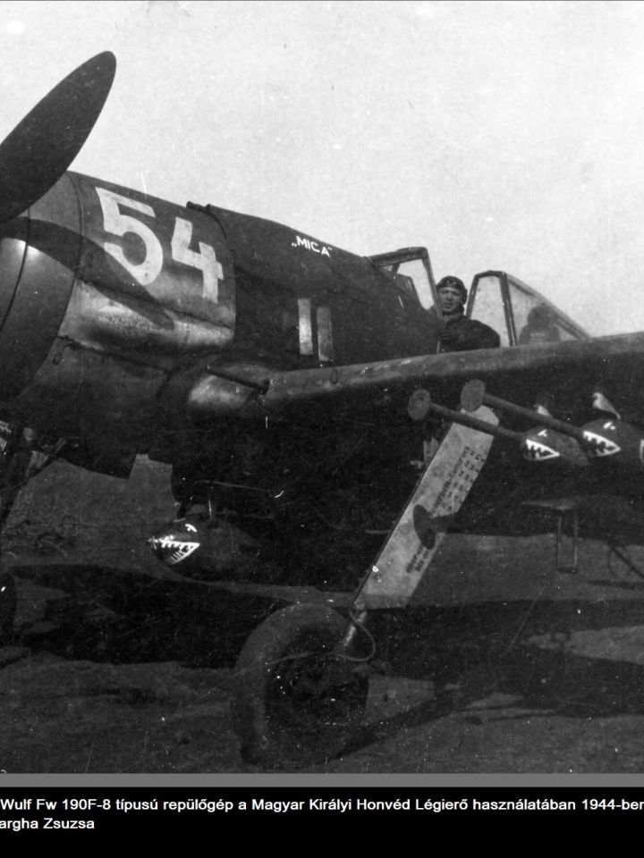 Egy Focke-Wulf 190 F8 típusú csatarepülőgép a Magyar Királyi Honvéd  Légierő használatában 1944-ben. Fotó: Fortepan/Varga Zsuzsa