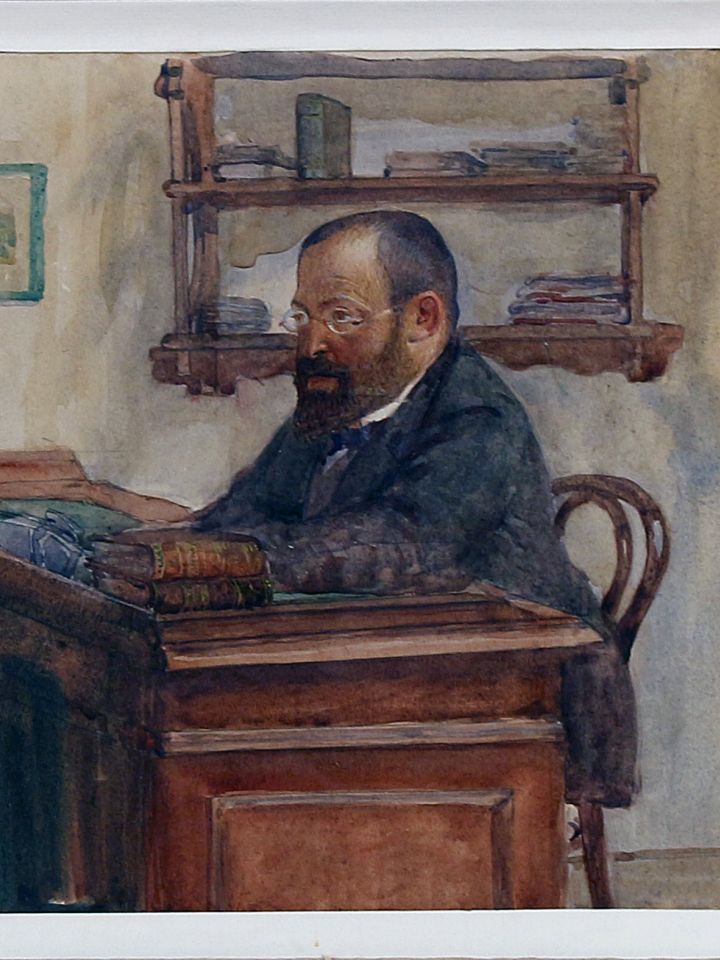 Íróasztal előtt ülő férfi, 1905. akvarell, papír (Ltsz: 53.19.2.)