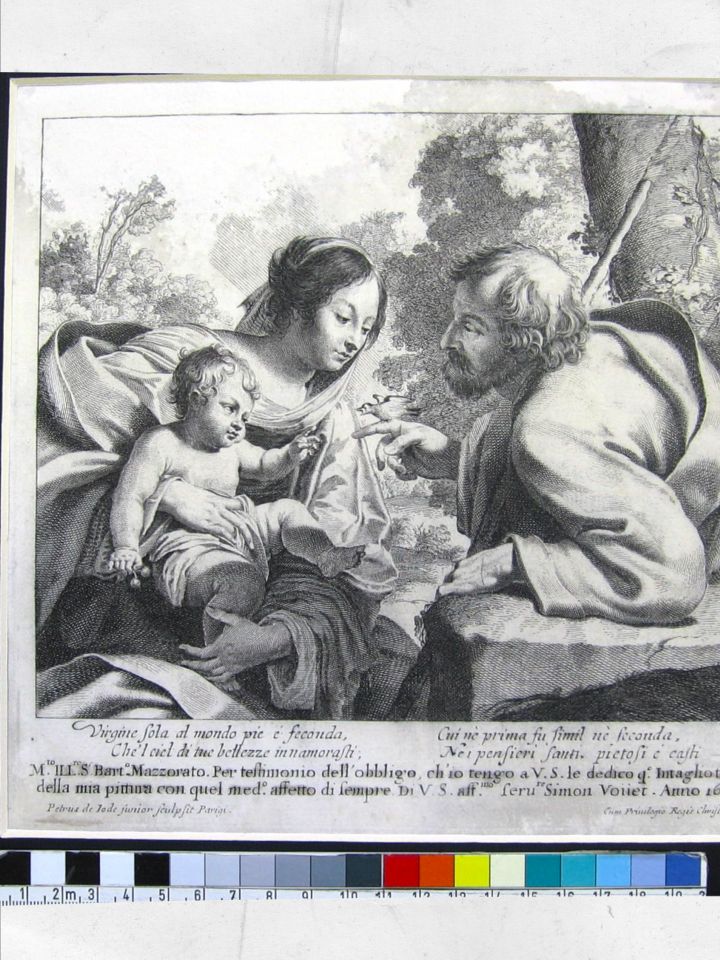 KGY.60.1.1. Szent Család tengelicével, 1632. Ifj. Petrus de Jode Simon Vouet után, rézmetszet, papír