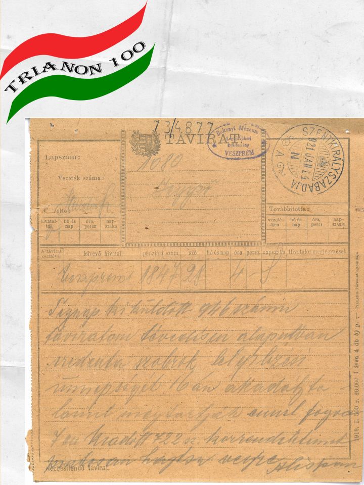 Alispán távirata Szentkirályszabadja község (Veszprém vm.) jegyzőjéhez, 1921. jan. 14. A budapesti irredenta szobrok leleplezésének időpontjáról. Papír, grafitceruzával írva, 15.5x16.8 cm, álló T.D.73.4877.