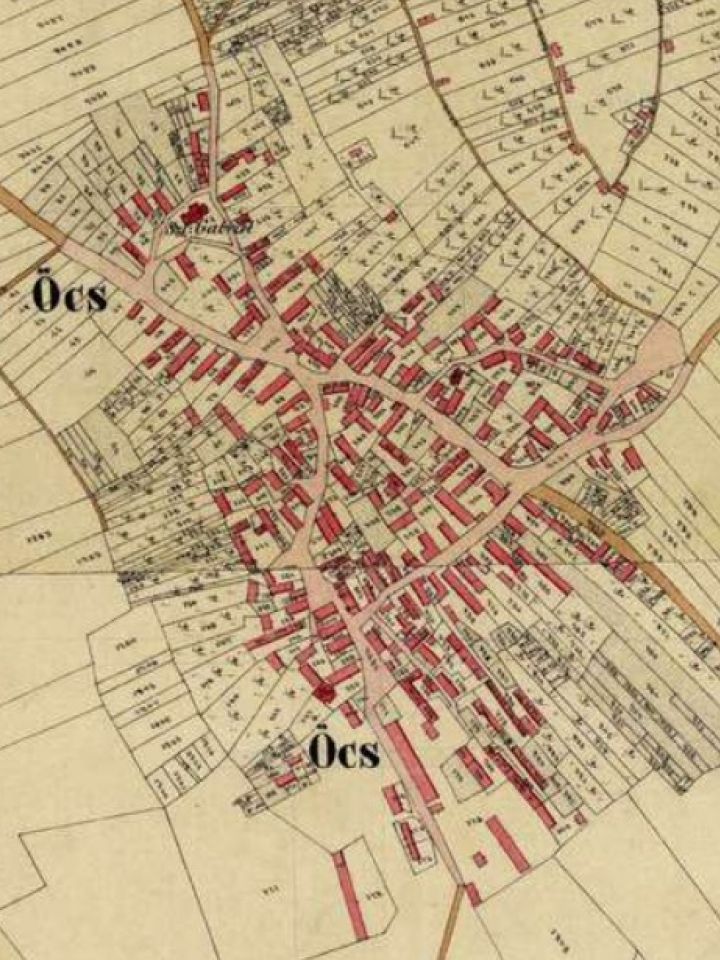 Öcs képe a kataszteri felmérés 1858-ban készült térképlapjain. A településtől északra a Temető-dombon még jól láthatók az azóta többségében – túlnyomórészt a filoxéra hatása következtében – elpusztult présházak is. 