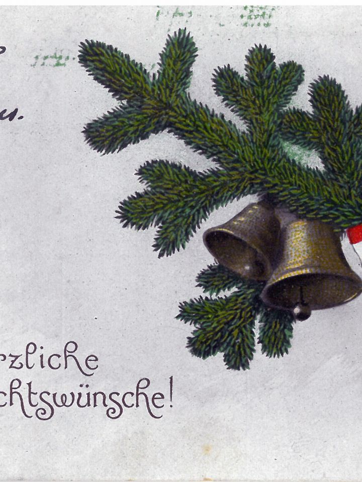 Tábori levelezőlap: harangokkal díszített fenyőág, 1915