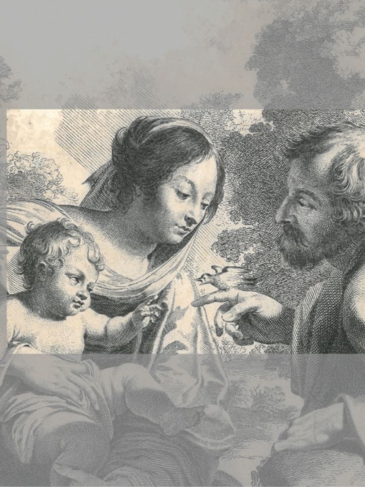 KGY.60.1.1. Szent Család tengelicével, 1632. Ifj. Petrus de Jode Simon Vouet után, rézmetszet, papír