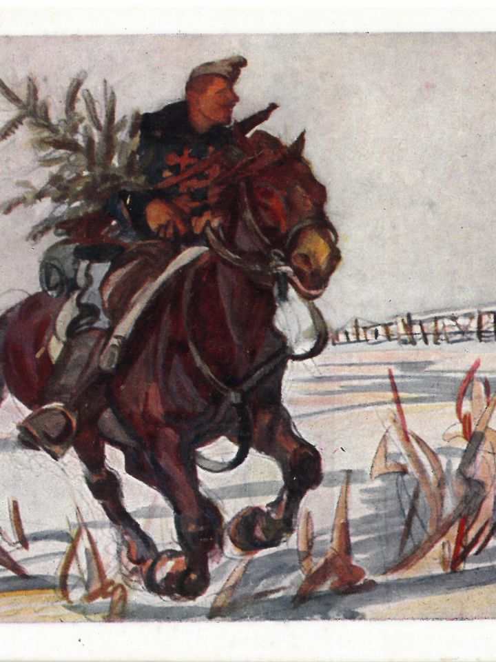 Tábori levelezőlap: honvédhuszár lovon fenyőfával, 1915