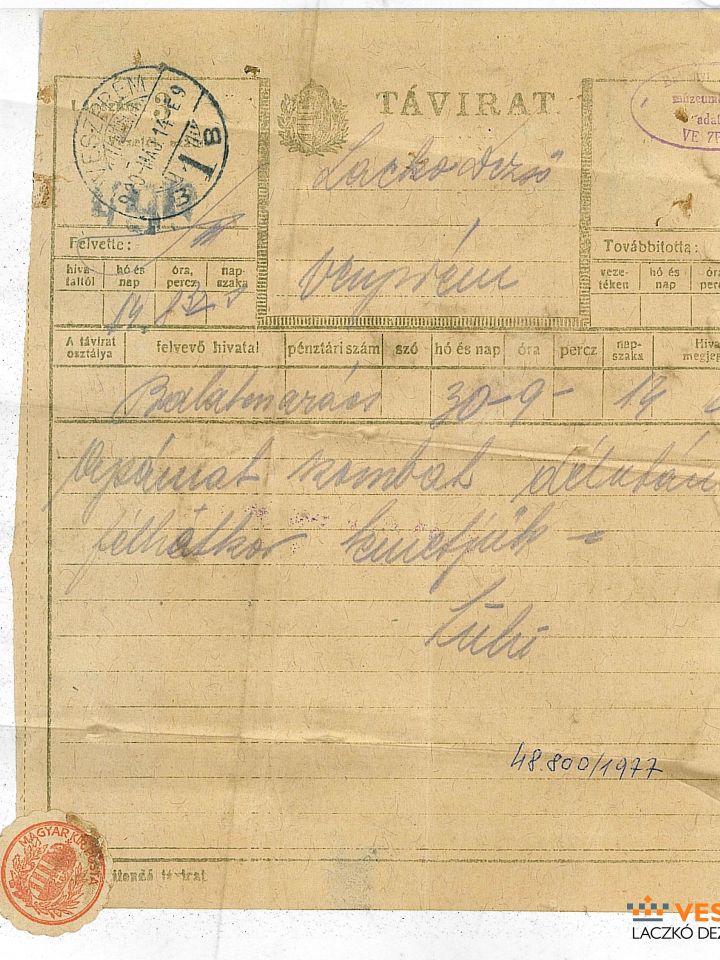 Ifj. Lóczy Lajos távirata apja temetéséről Laczkó Dezsőhöz,1920. máj. 14. (Laczkó Dezső Múzeum–Múzeumtörténeti Adattár 48.800/1977.)