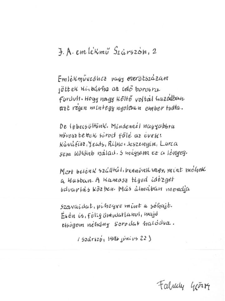 Faludy György: József Attila emlékmű Szárszón 2 c. versének kézirata. Irodalmi Gyűjtemény ltsz: 2000.62.1.