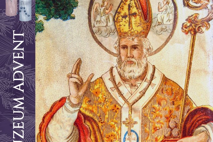 Szent Miklós ábrázolása egy a Néprajzi Gyűjteményünkben található papírkép részleten.. (Ltsz: 2005.1.16) 