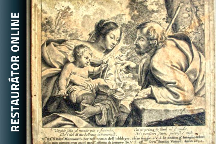 KGY.60.1.1. Szent Család tengelicével, 1632. Ifj. Petrus de Jode Simon Vouet után, rézmetszet, papír