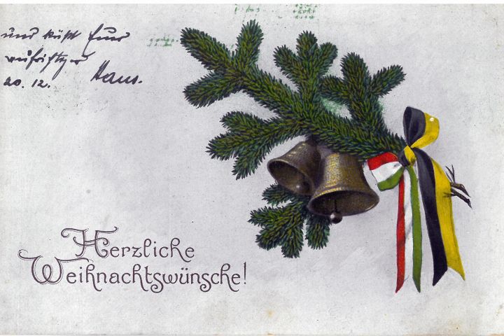 Tábori levelezőlap: harangokkal díszített fenyőág, 1915