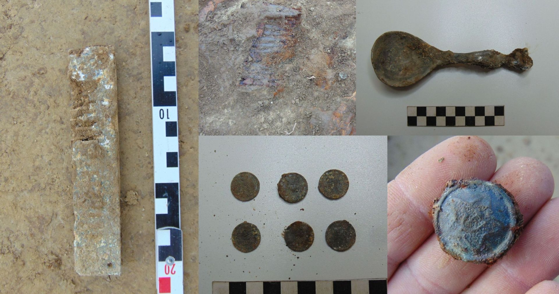 orosz katona maradvanyanak sírmellékletei : szájharmonika, tölténytáska, légvédelmi gépágyú állások körítőárka 07 kép  20 mm űrméretű német Flak légvédelmi gépágyú állások körítőárka fentről 08 kép 20 mm űrméretű rézhüvelyek az állásokban a  Flak légvedel