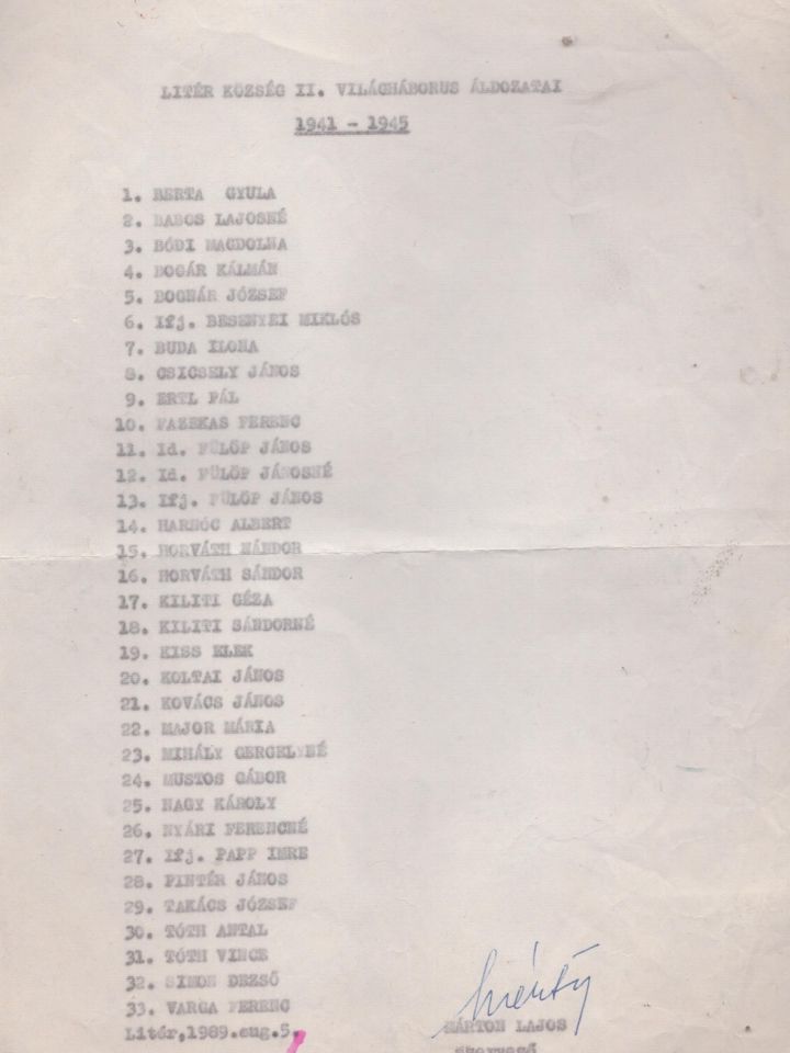 A II. világháború litéri áldozatainak névsora, 1989-ből. (Nagy Károly gyűjteménye, LDM.TGY.2025.13.46.4.)