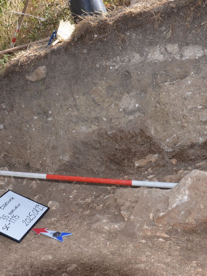 Egymással párhuzamos, keskeny vájatok nyoma (talán szekerek kerékvágásának emléke) a 35. szelvény keleti metszetfalán